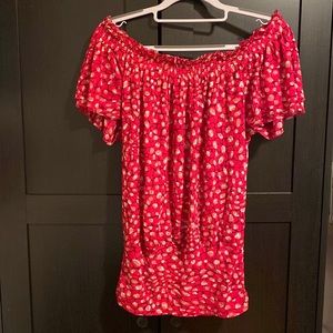 EXPRESS Red Polka Dot Off Shoulder T-Shirt